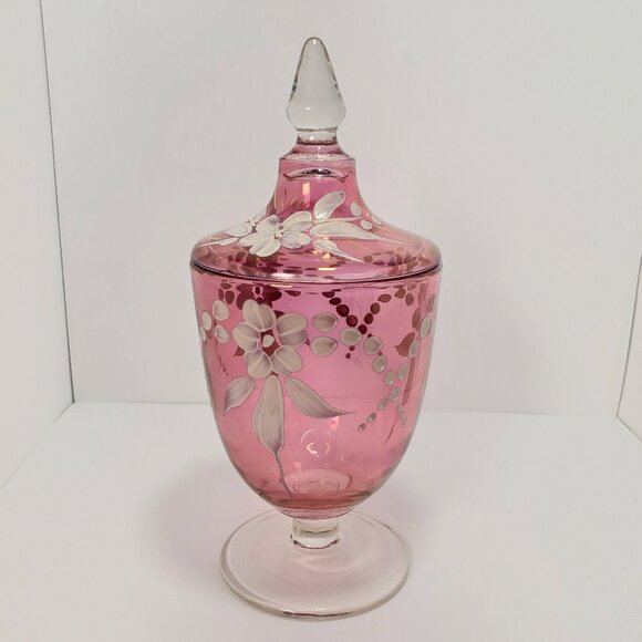 Cranberry Style Glass Lidded Candy Jar with White Hand-Painted Detail - Picture 1 of 9